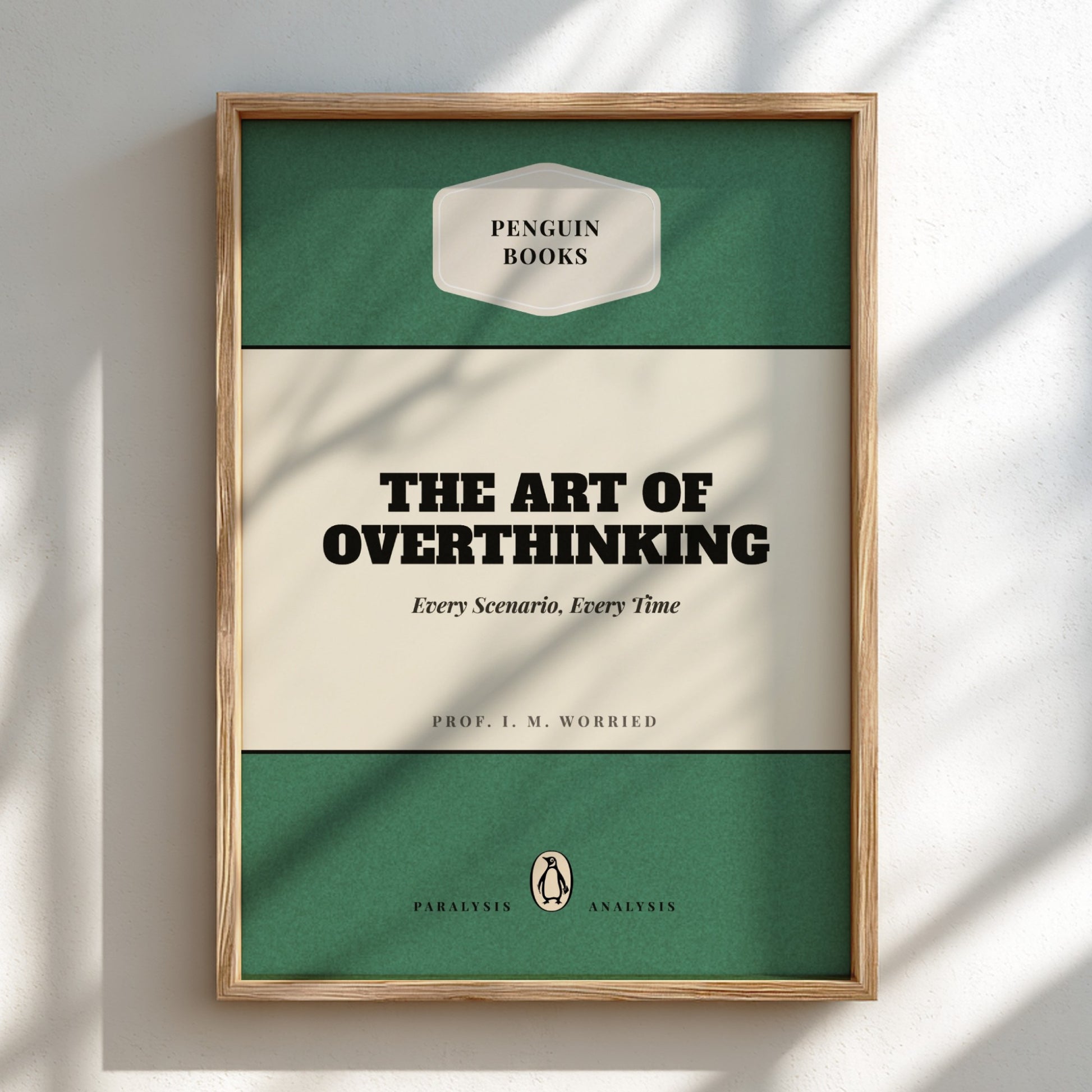 Framed book cover with 'Penguin Books' logo and humorous text on a light background
