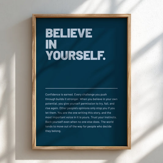Motivational poster featuring a blue background and inspiring quote, perfect for home decor and motivation.