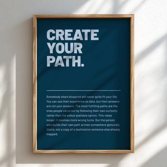 Framed poster with motivational quote 'Create Your Path' on a blue background