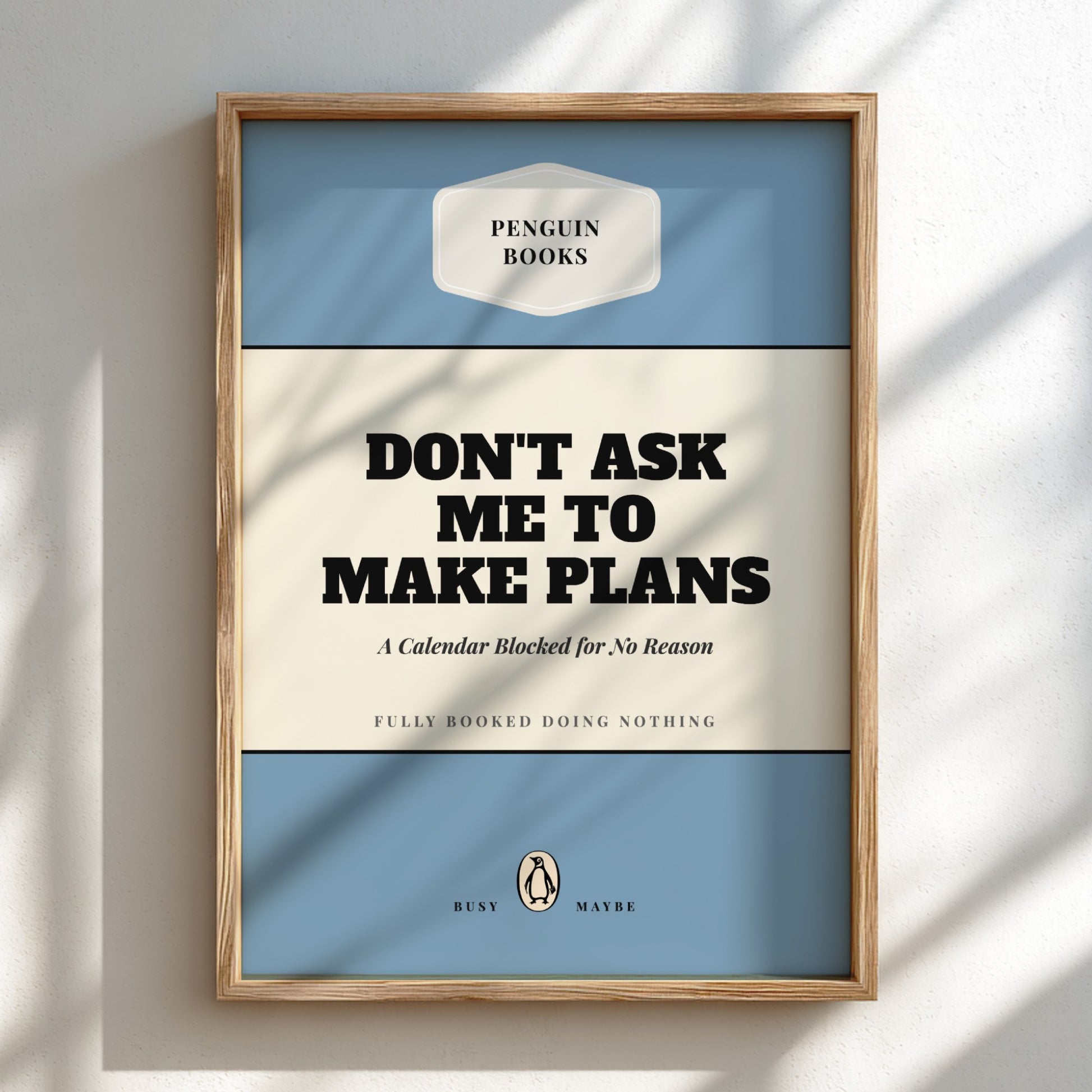 Funny quote poster featuring penguins book illustration with playful typography and warm colors
