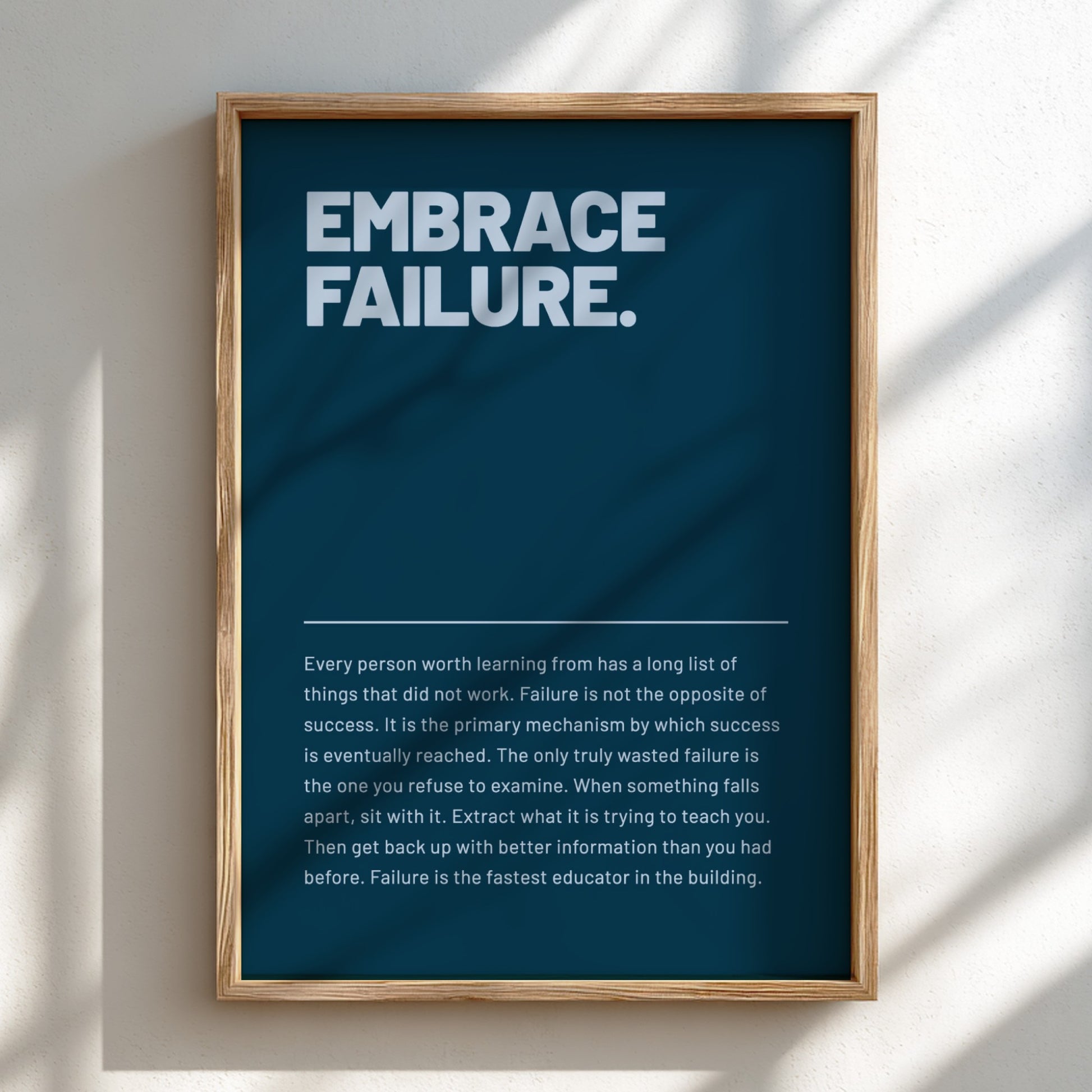 Framed poster with 'Embrace Failure' text on a blue background