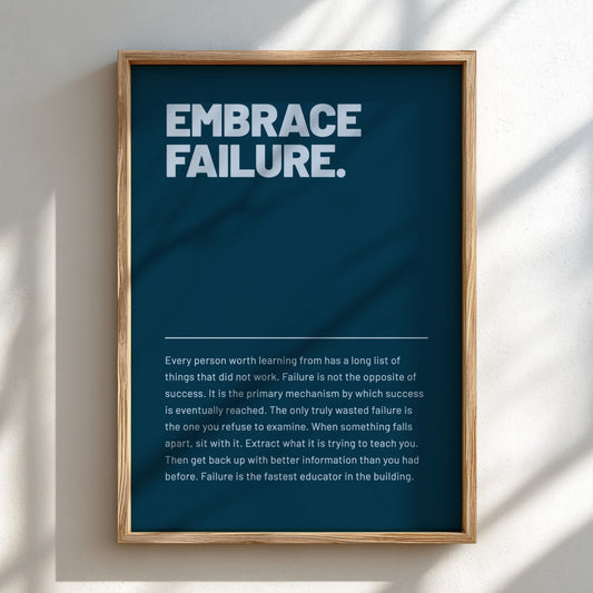 Framed poster with 'Embrace Failure' text on a blue background