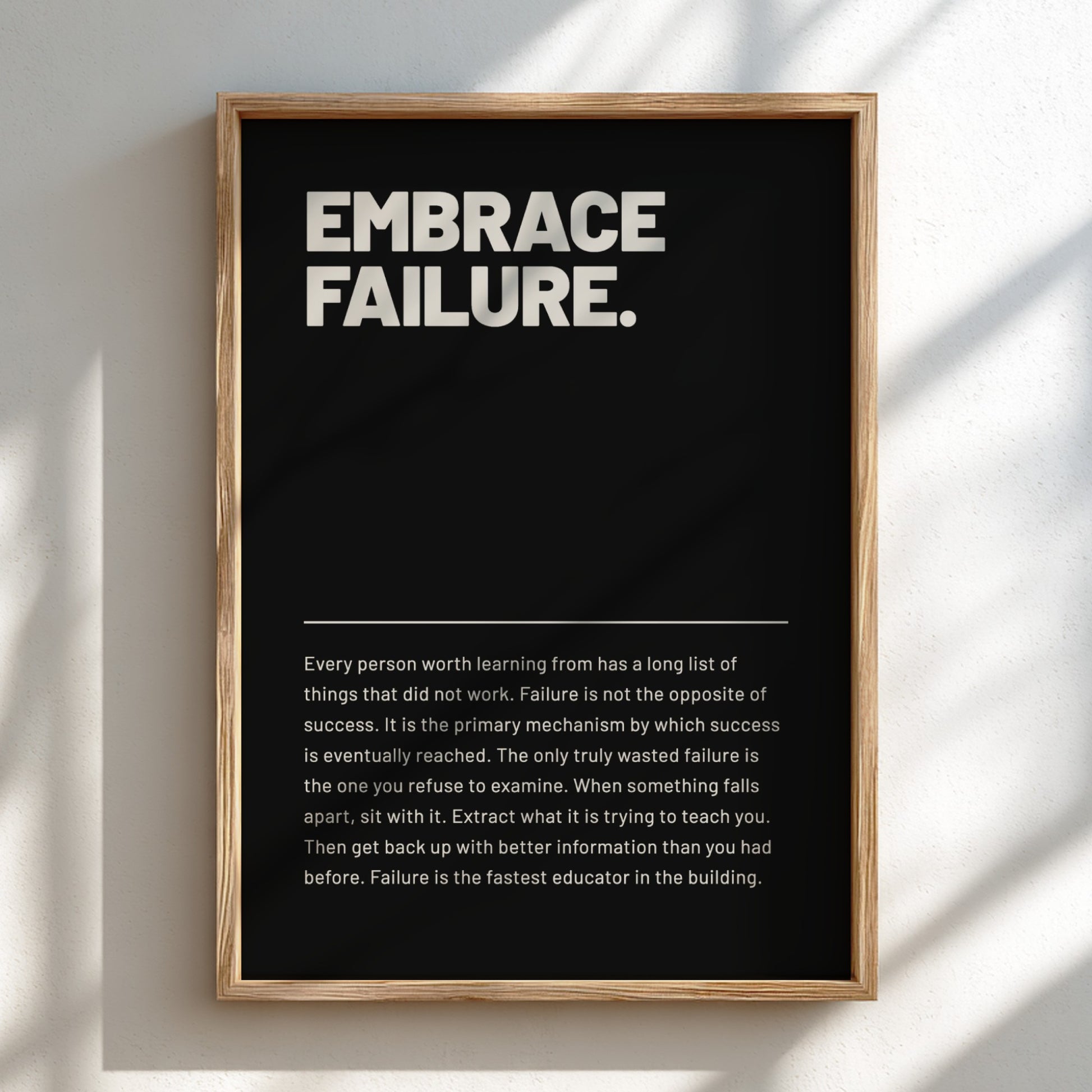 Framed poster with 'Embrace Failure' text on a black background