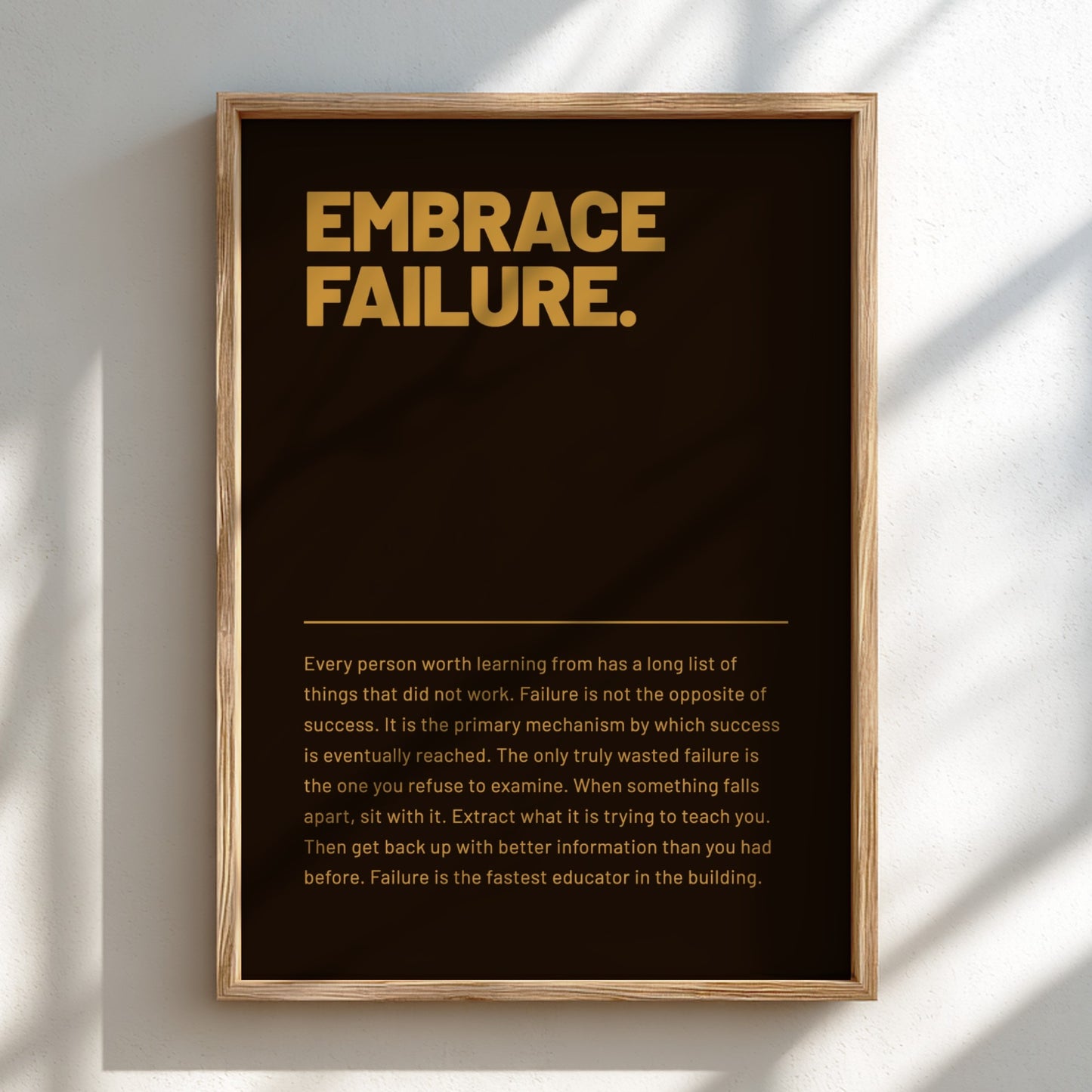 Framed poster with 'Embrace Failure.' text on a dark background