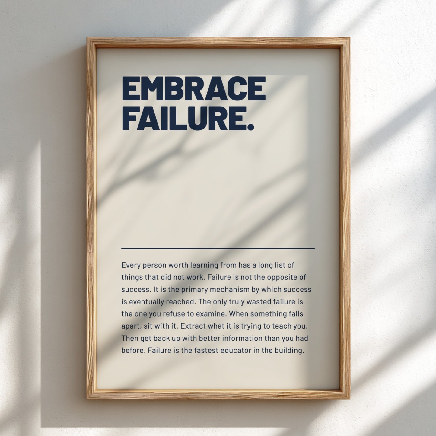 Framed poster with 'Embrace Failure' text on a light background