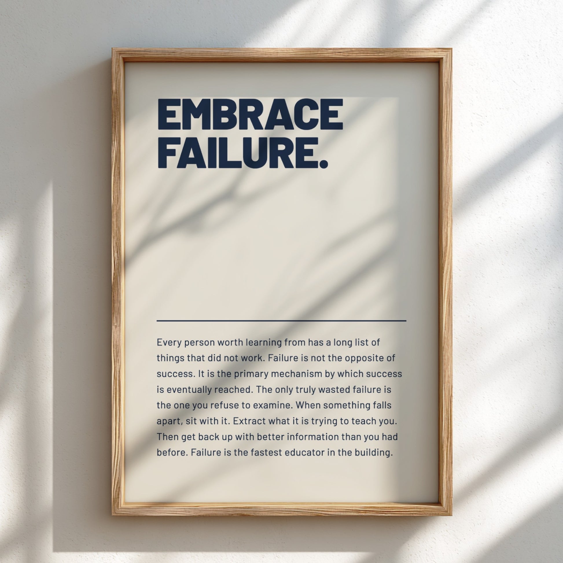 Framed poster with 'Embrace Failure' text on a light background