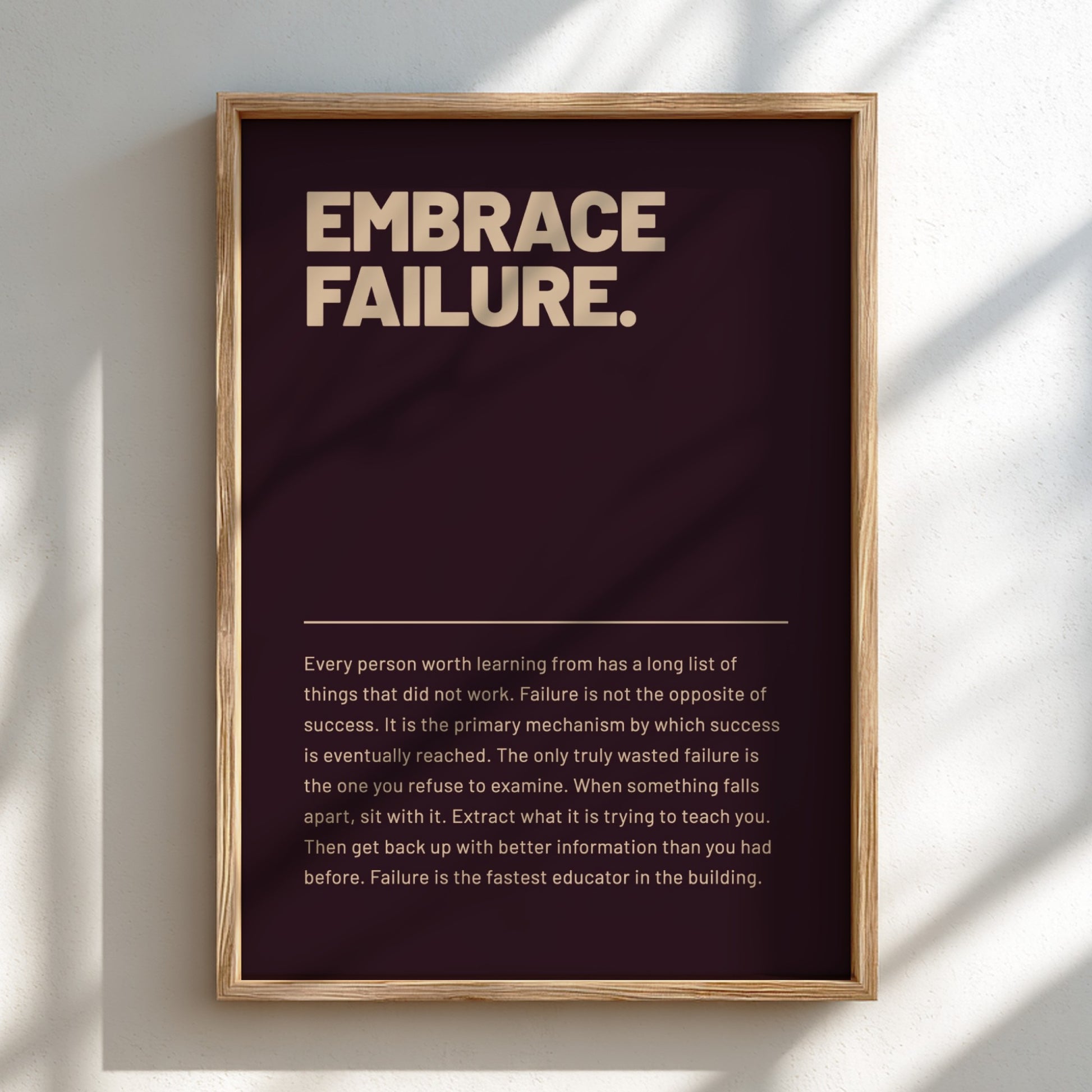 Framed poster with motivational quote 'Embrace Failure' on a dark background