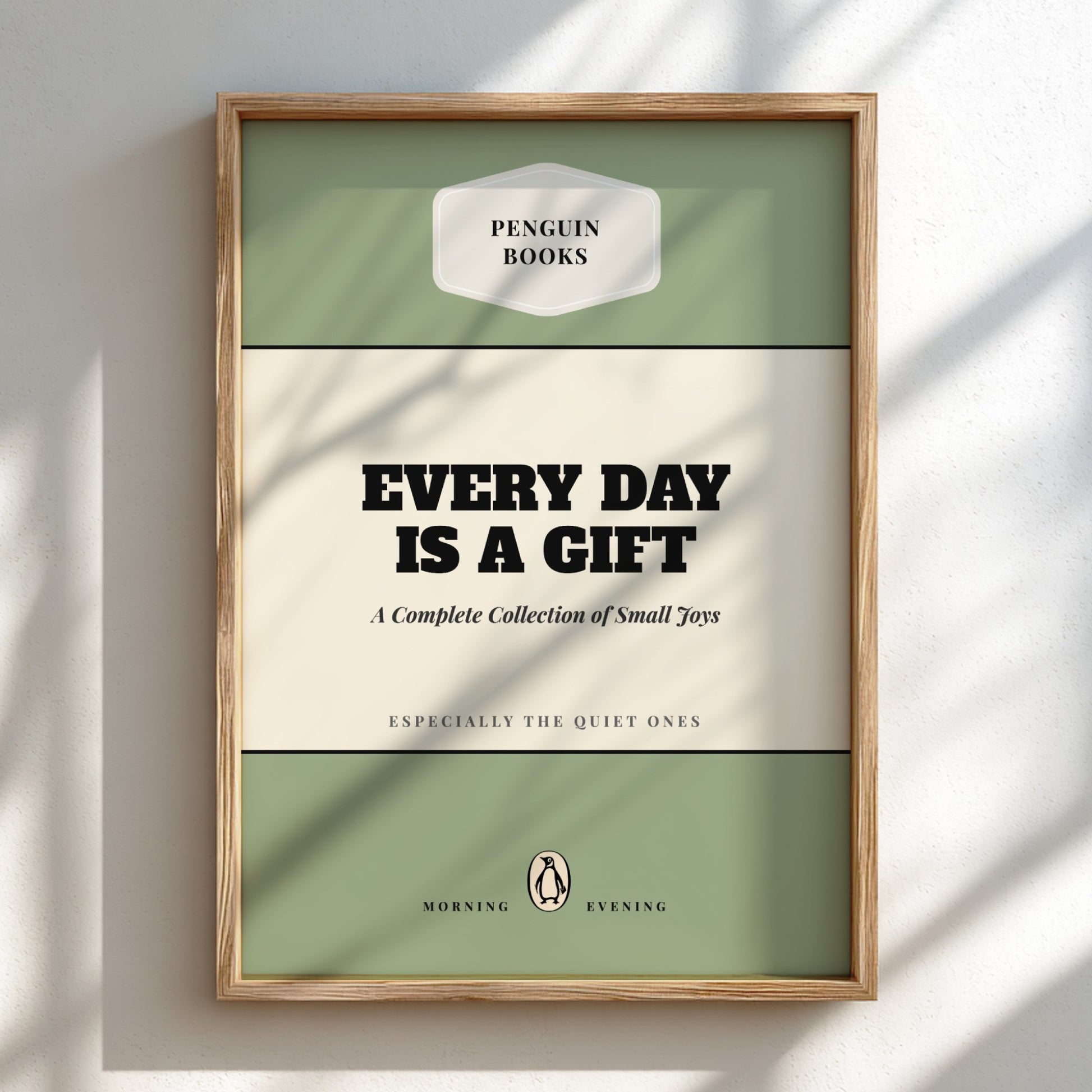 Funny quote poster featuring penguins book illustration with playful typography and warm colors