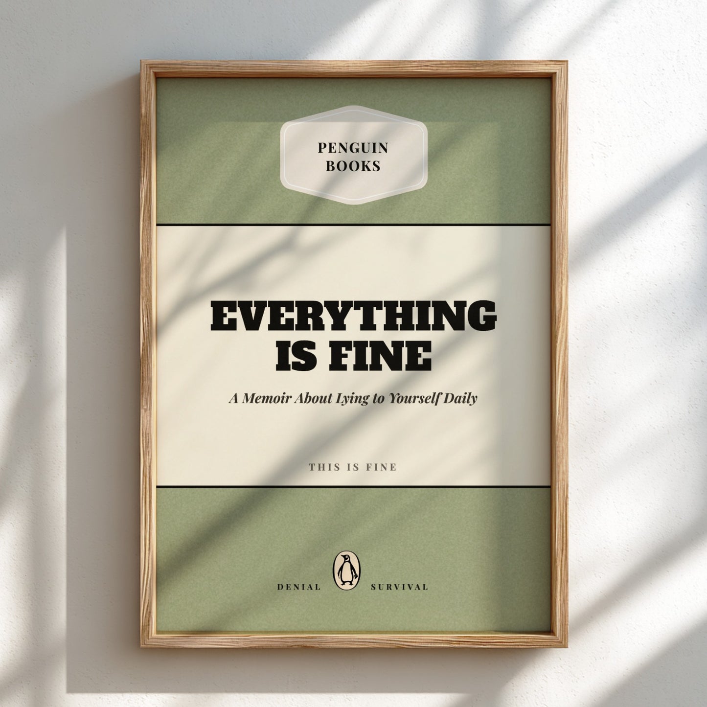 Funny quote poster featuring penguins book illustration with playful typography and warm colors