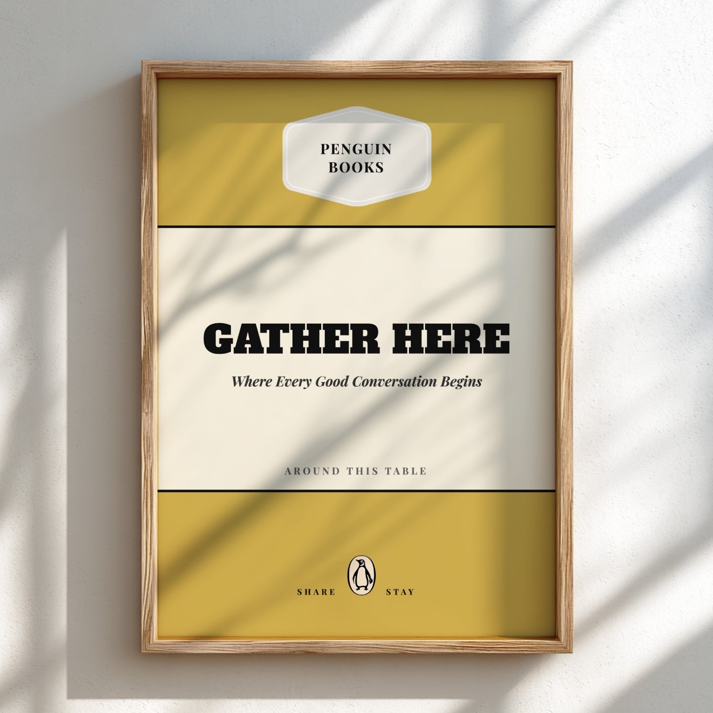 Funny quote poster featuring penguins book illustration with playful typography and warm colors