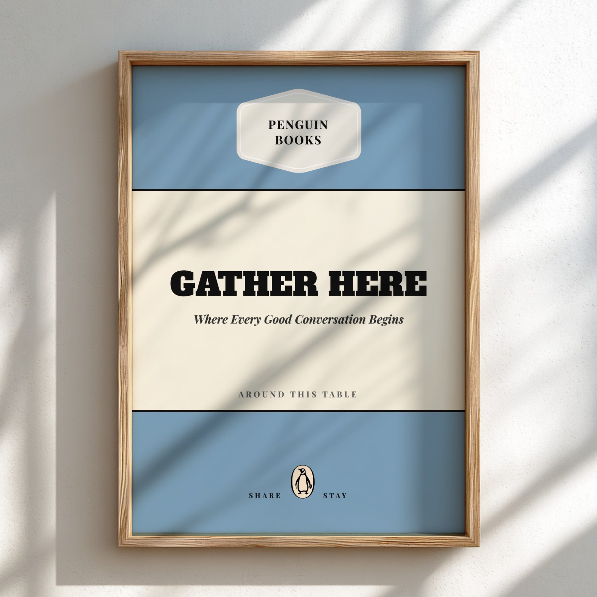 Funny quote poster featuring penguins book illustration with playful typography and warm colors