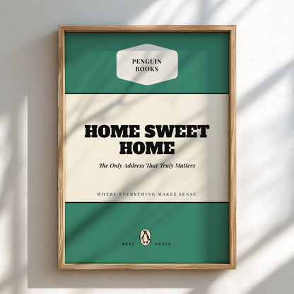 Framed Penguin Books 'Home Sweet Home' poster on a light background