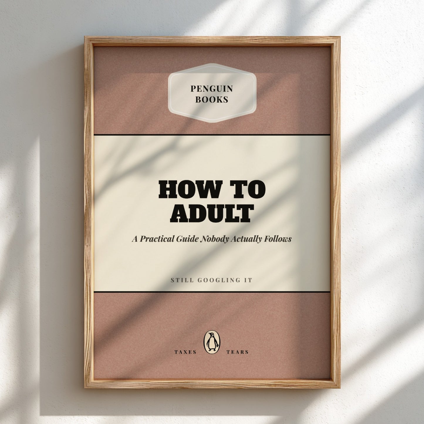 Funny quote poster featuring penguins book illustration with playful typography and warm colors