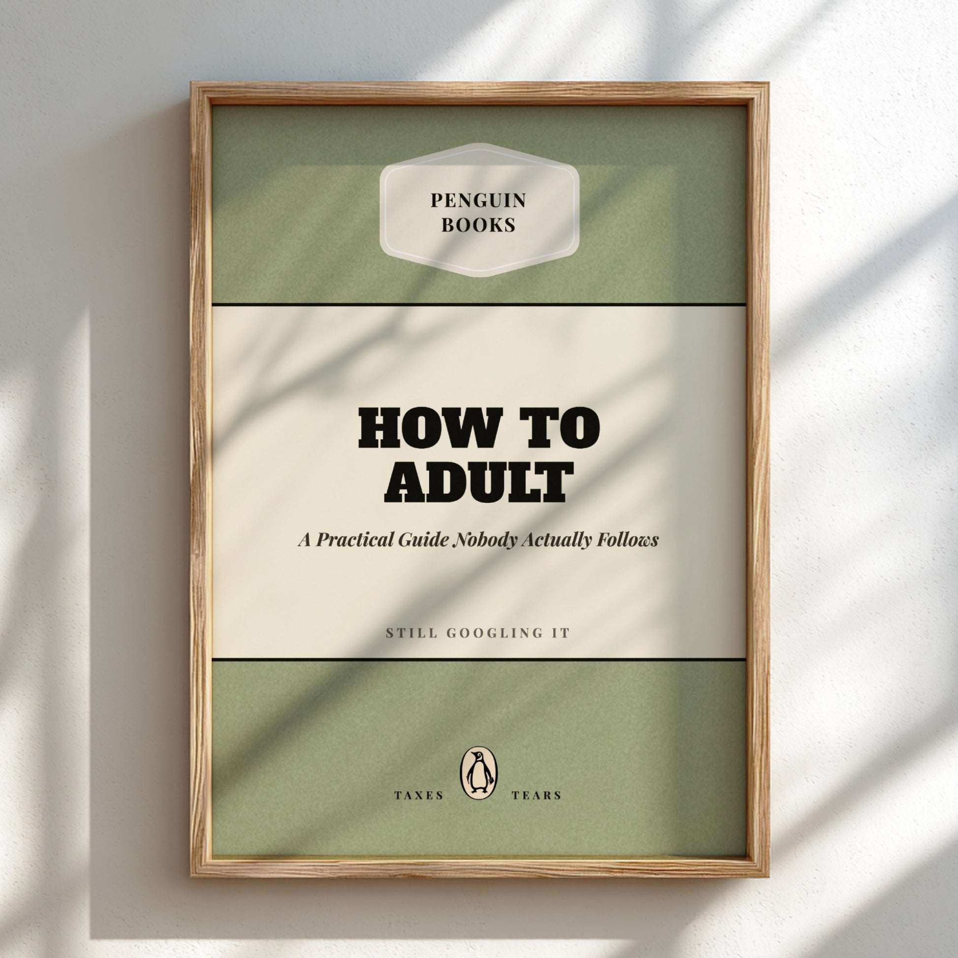Funny quote poster featuring penguins book illustration with playful typography and warm colors