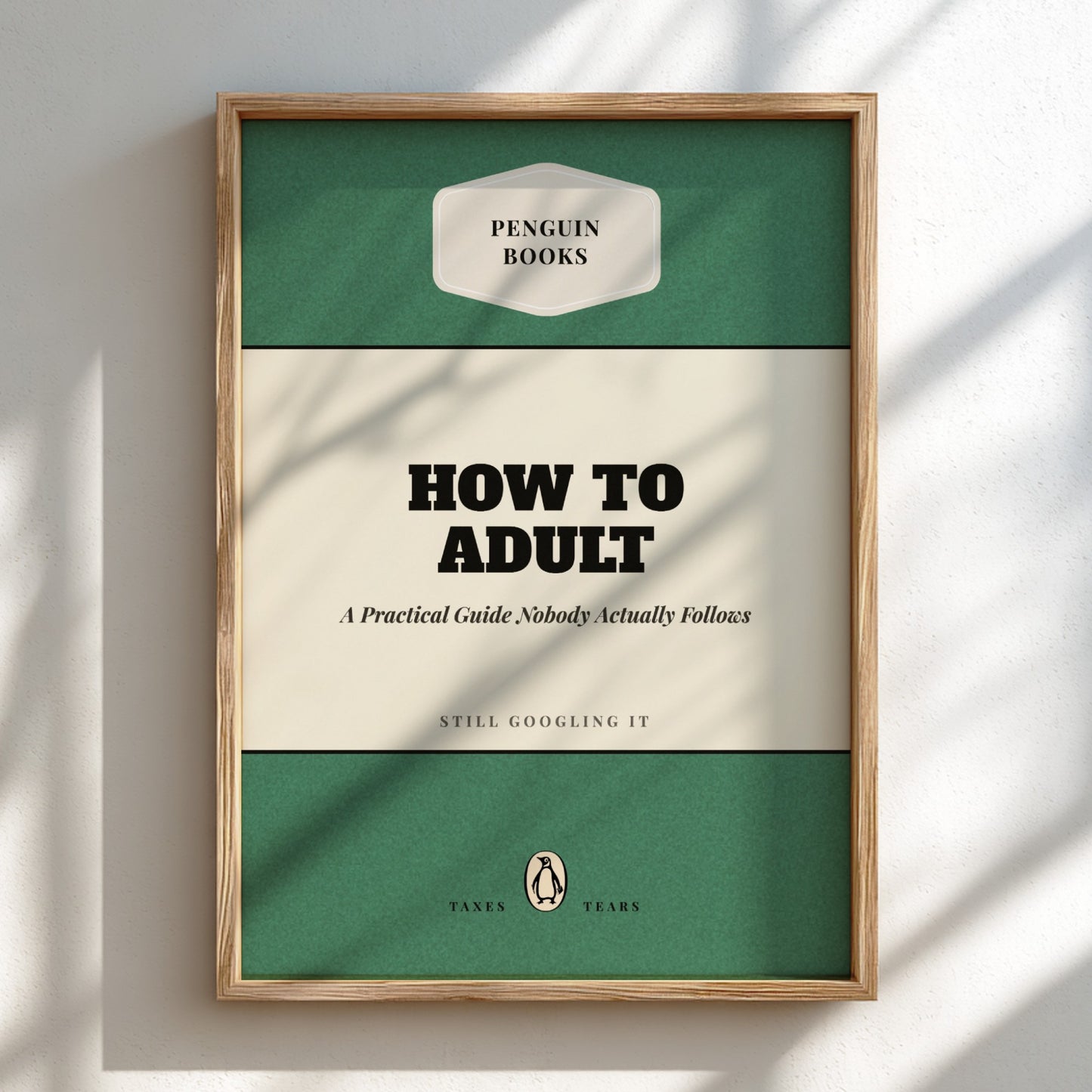 Funny quote poster featuring penguins book illustration with playful typography and warm colors