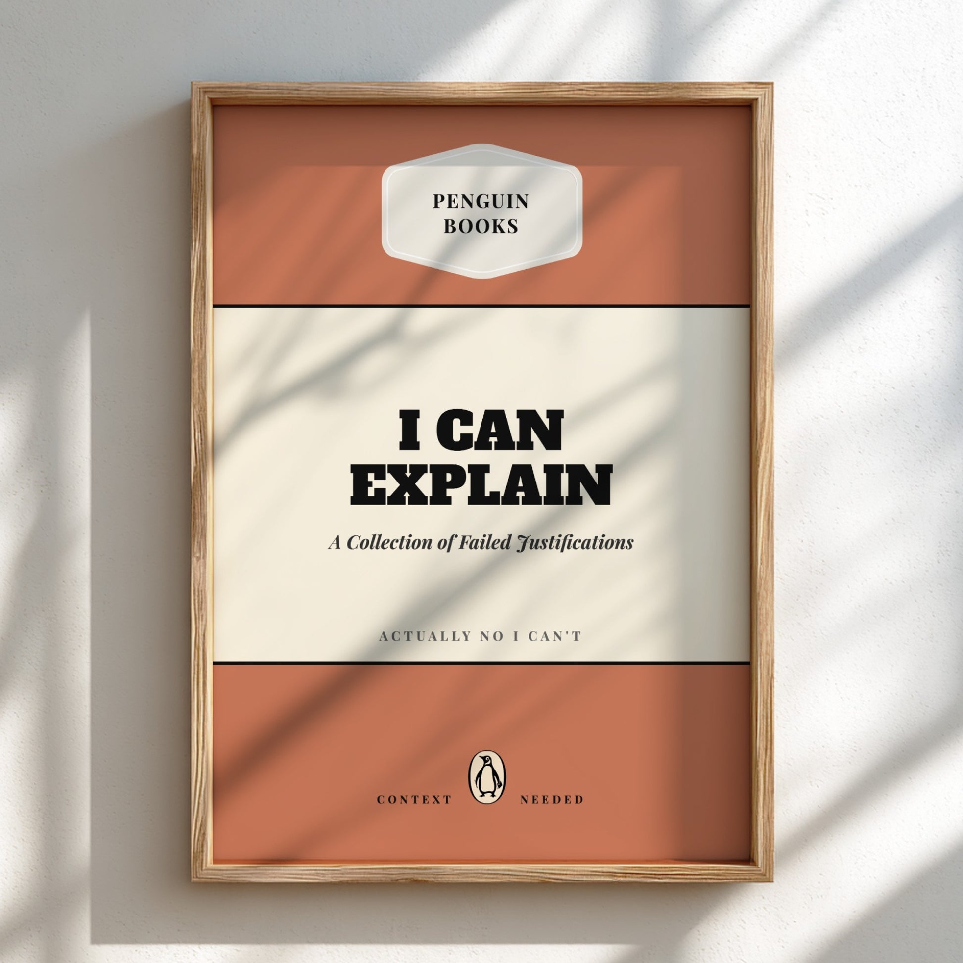 Funny quote poster featuring penguins book illustration with playful typography and warm colors