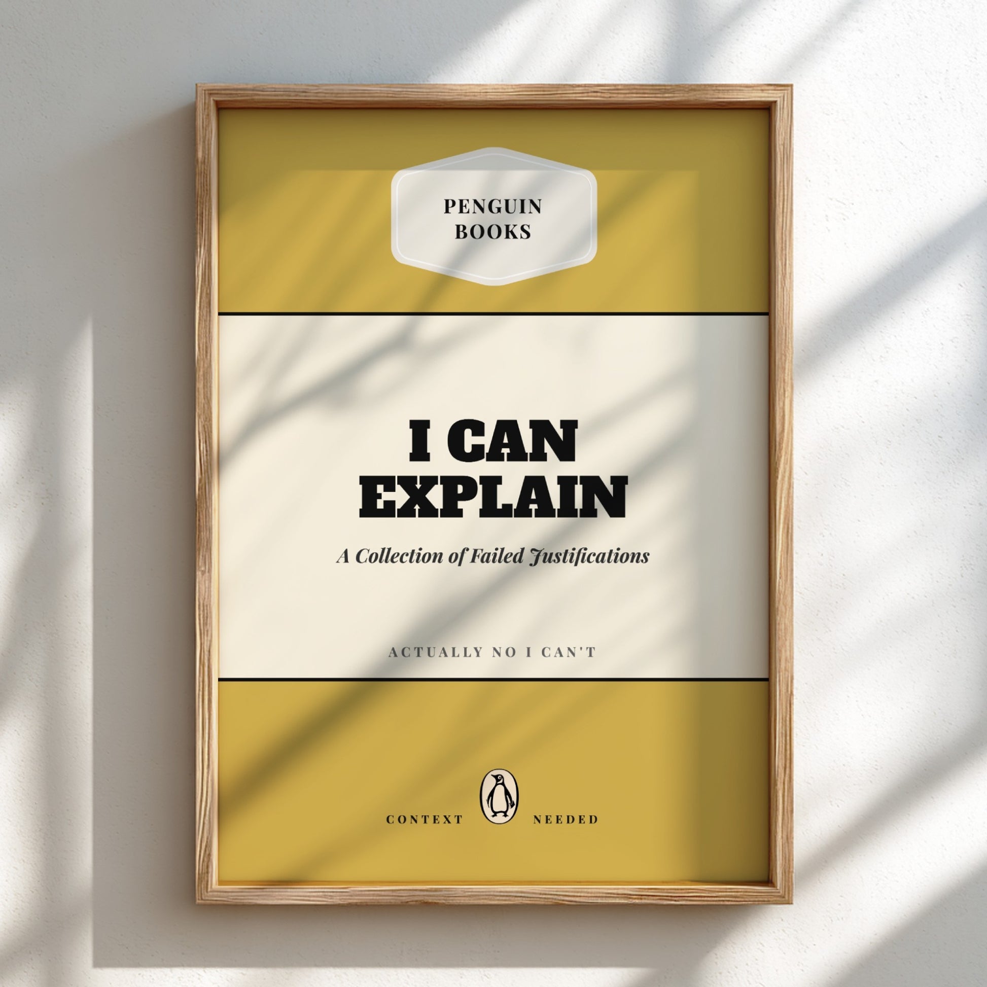 Funny quote poster featuring penguins book illustration with playful typography and warm colors