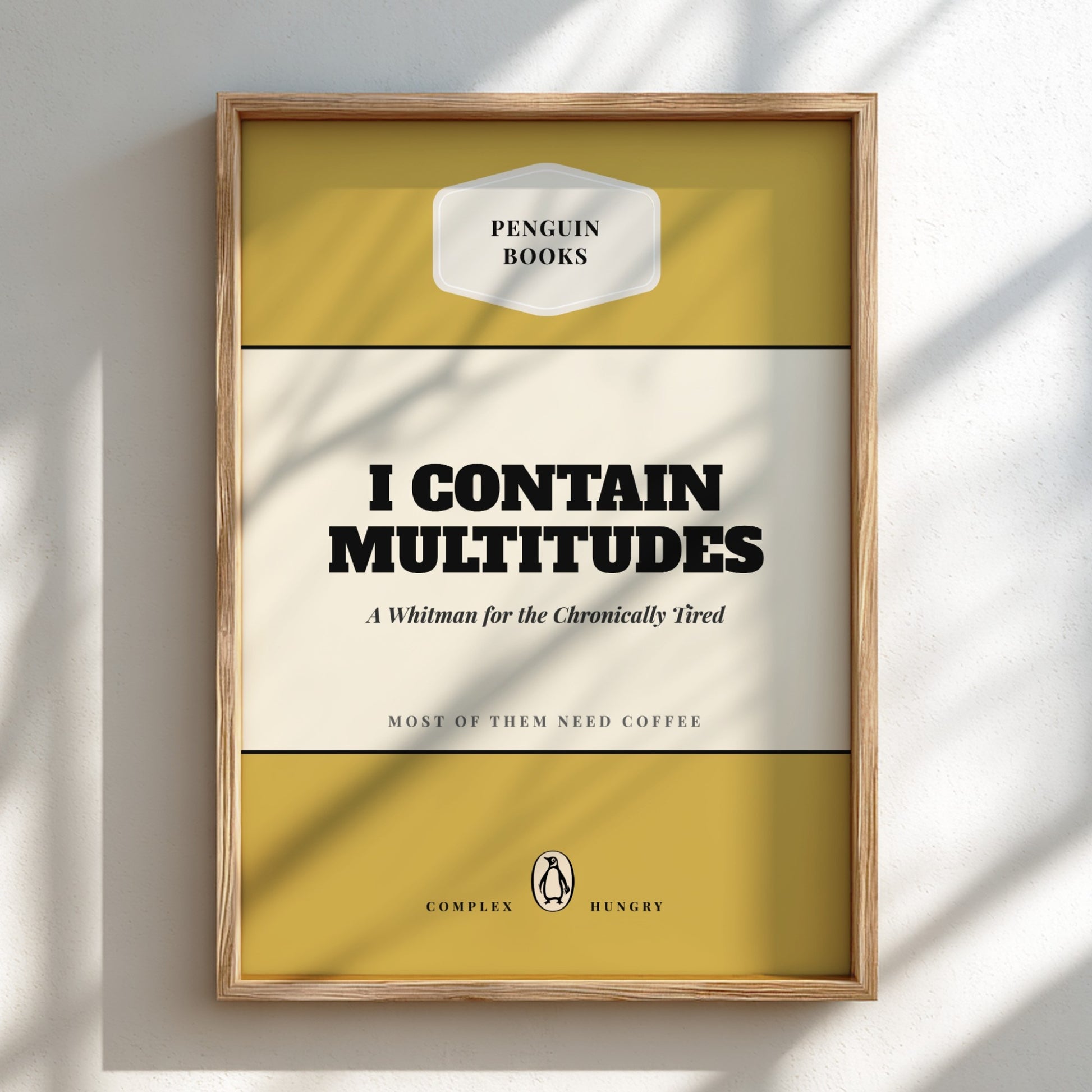 Funny quote poster featuring penguins book illustration with playful typography and warm colors