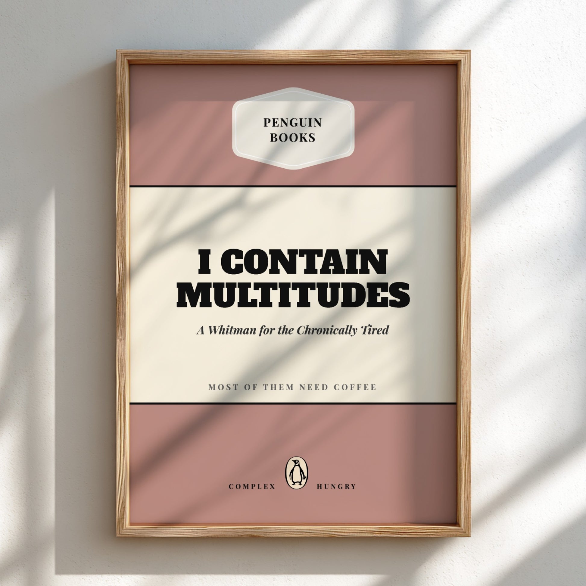 Funny quote poster featuring penguins book illustration with playful typography and warm colors