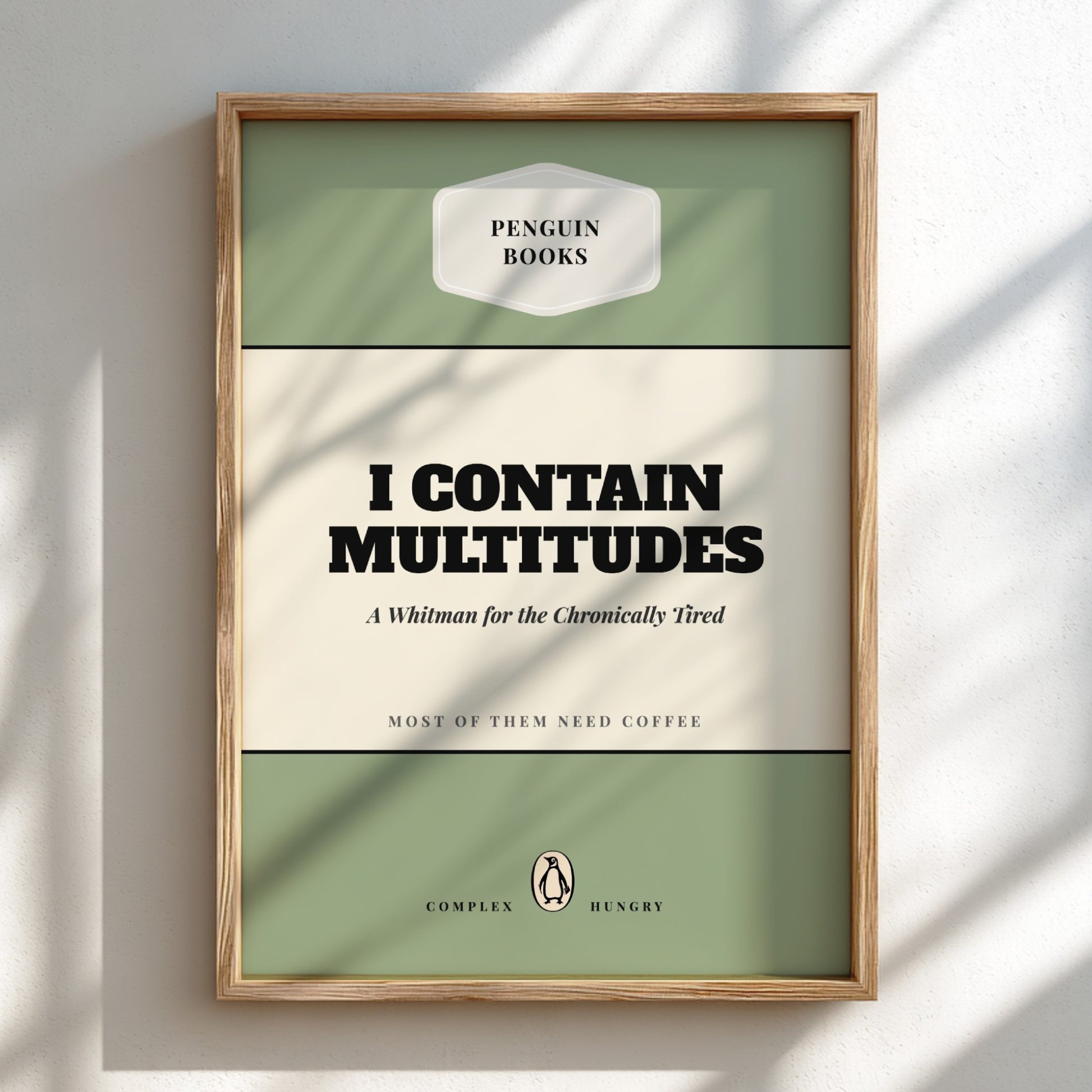 Funny quote poster featuring penguins book illustration with playful typography and warm colors