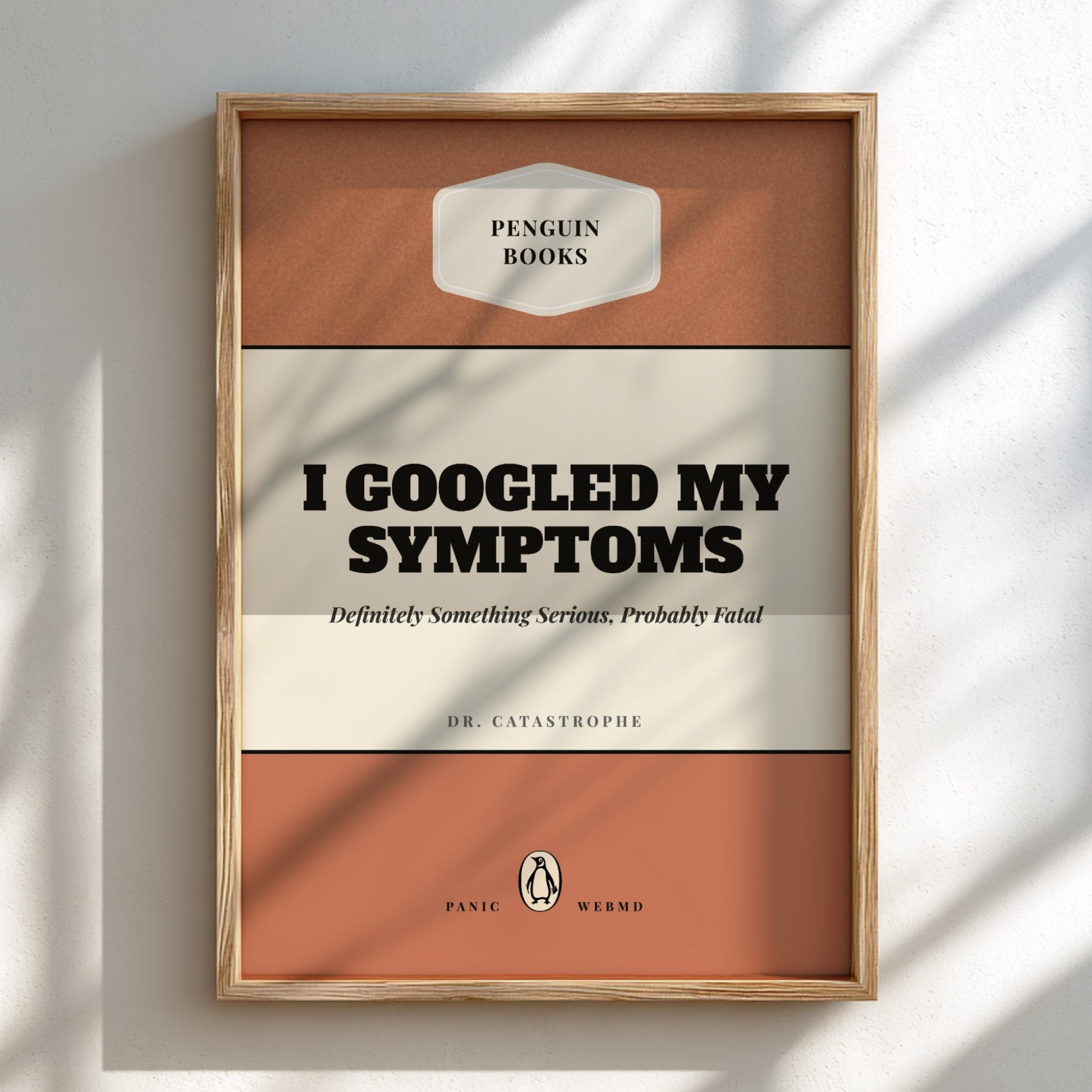 Funny quote poster featuring penguins book illustration with playful typography and warm colors