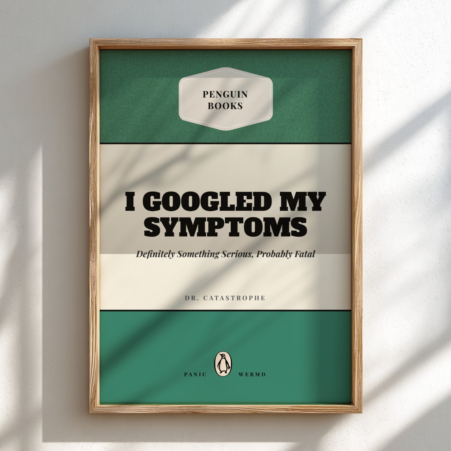 Funny quote poster featuring penguins book illustration with playful typography and warm colors
