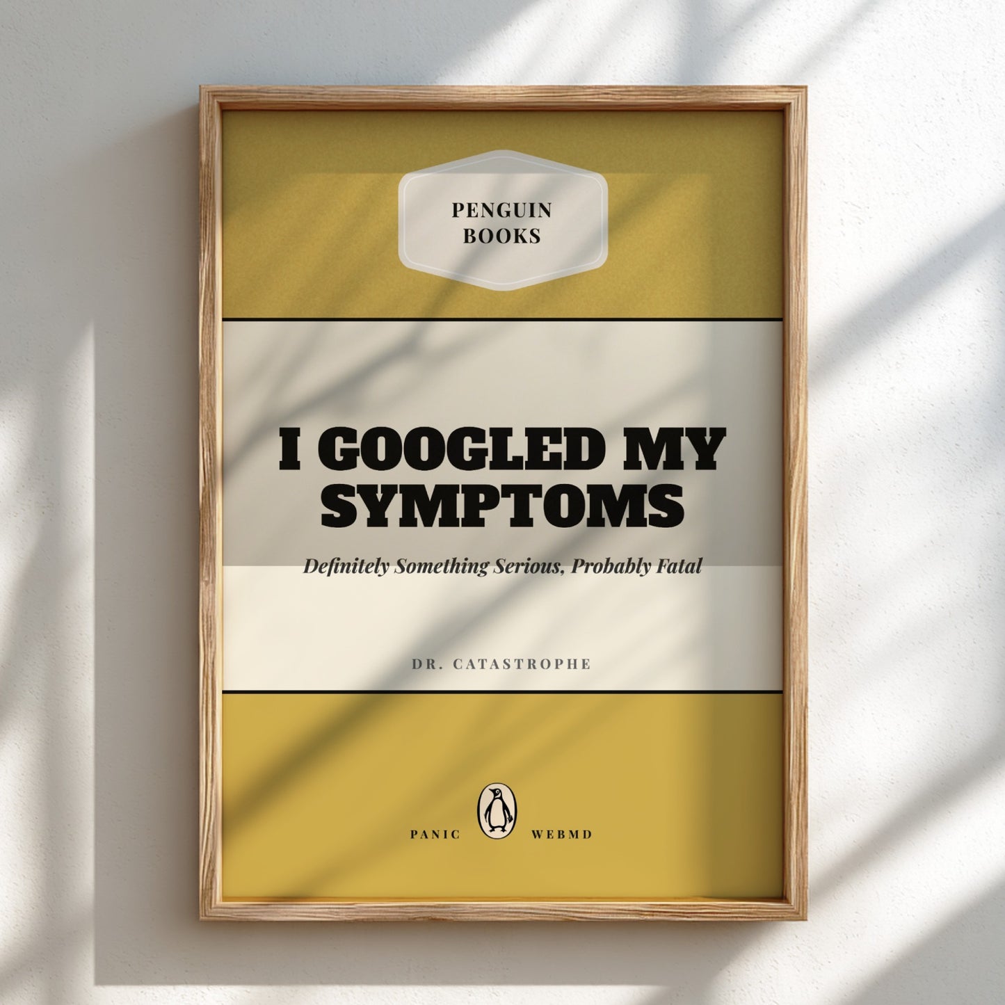Funny quote poster featuring penguins book illustration with playful typography and warm colors