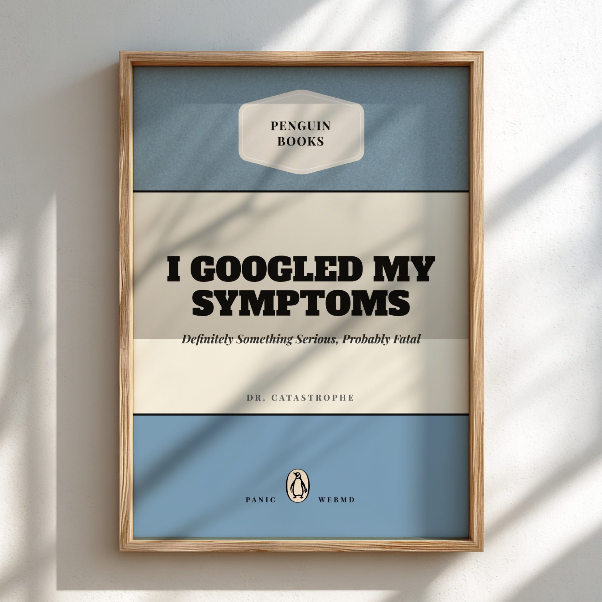Funny quote poster featuring penguins book illustration with playful typography and warm colors