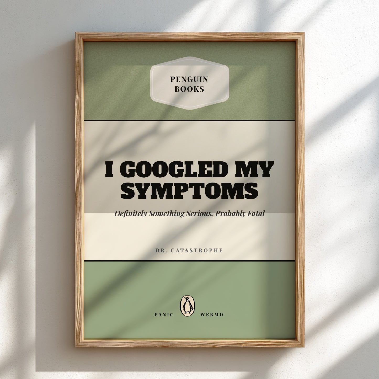 Funny quote poster featuring penguins book illustration with playful typography and warm colors