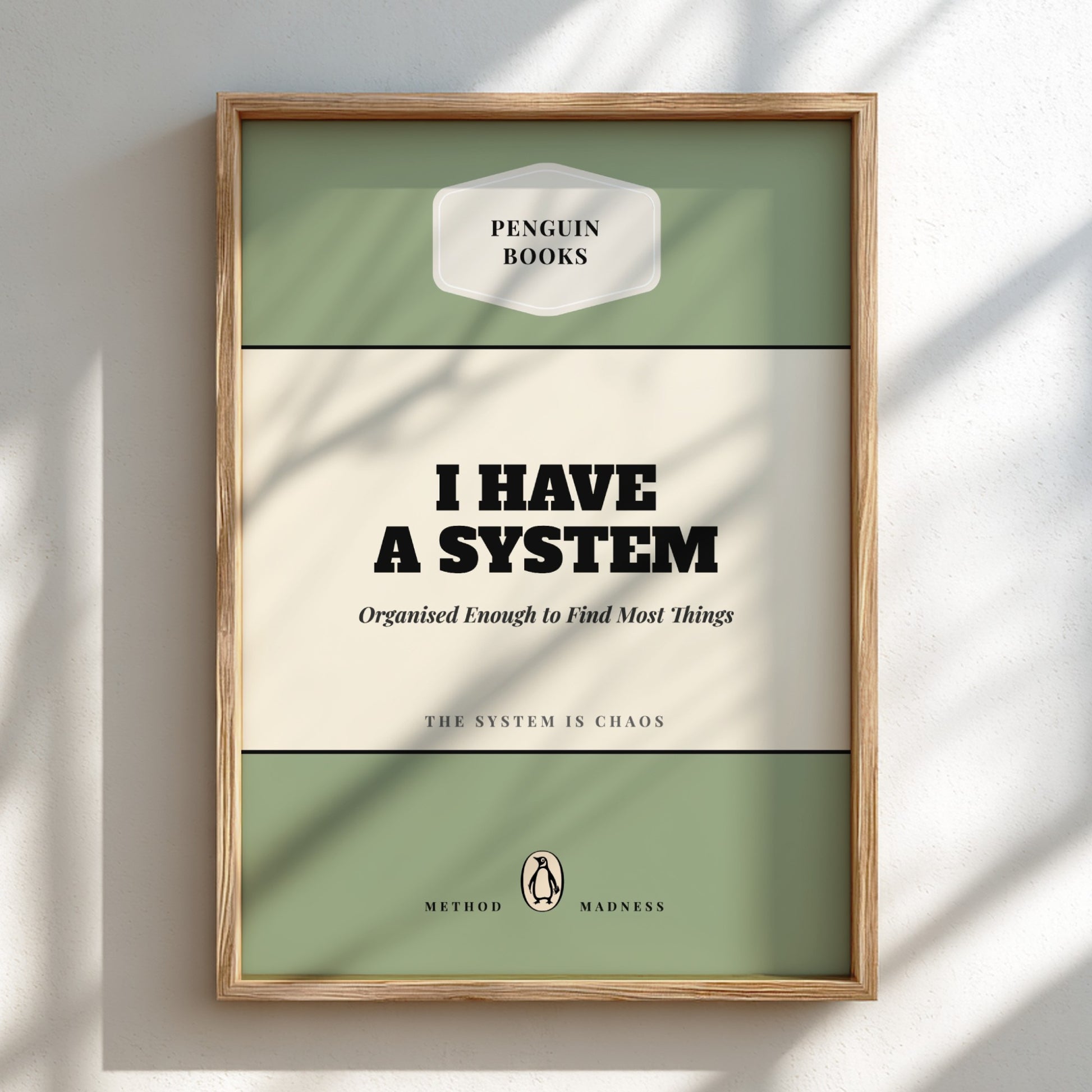 Funny quote poster featuring penguins book illustration with playful typography and warm colors