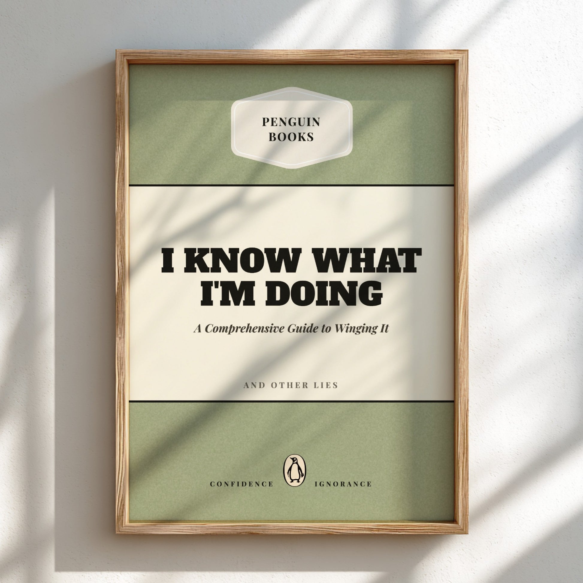 Funny quote poster featuring penguins book illustration with playful typography and warm colors