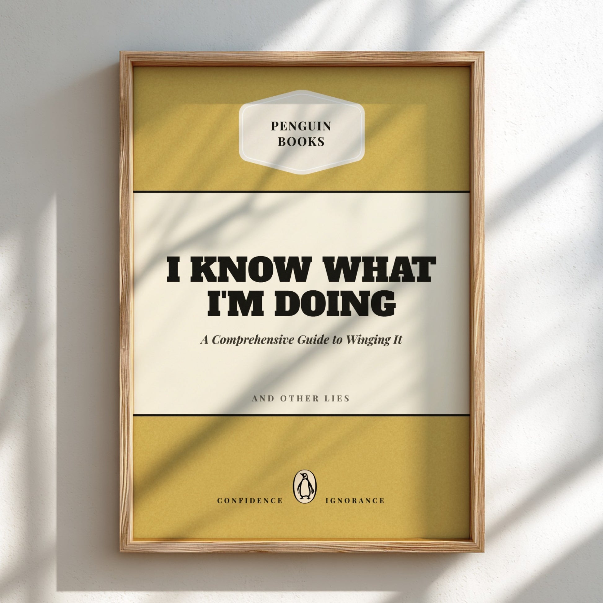 Funny quote poster featuring penguins book illustration with playful typography and warm colors
