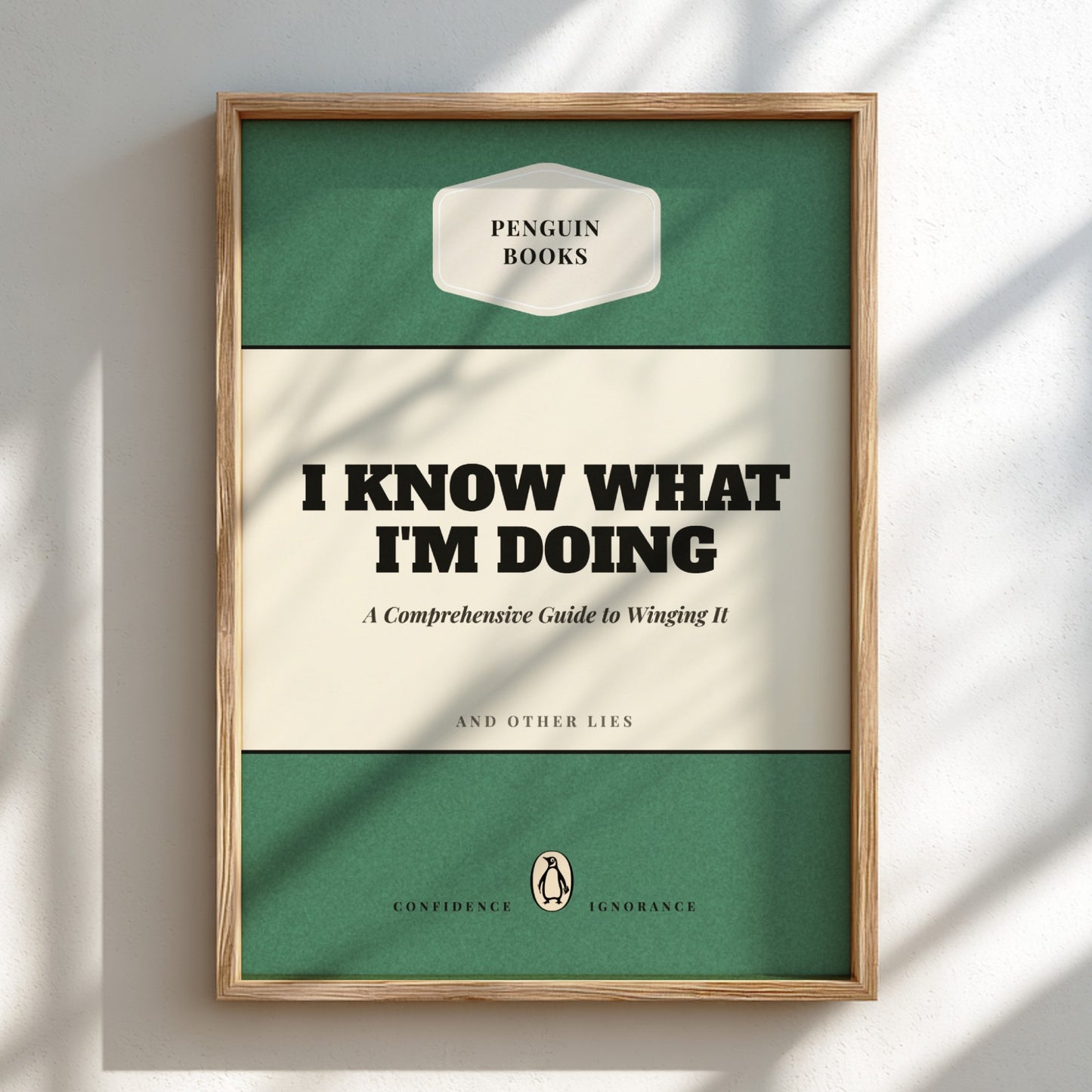 Funny quote poster featuring penguins book illustration with playful typography and warm colors