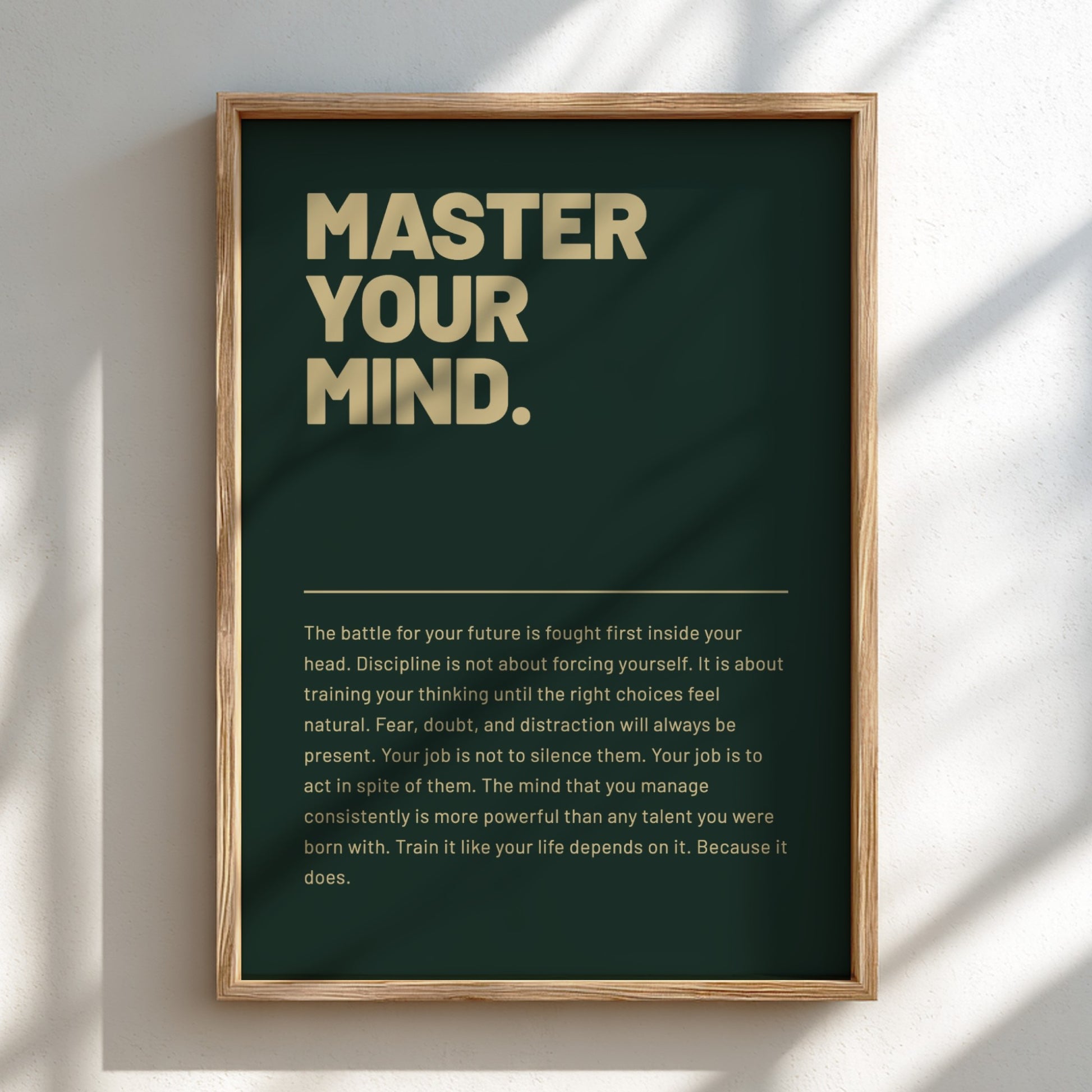 Framed motivational poster with text on a dark green background