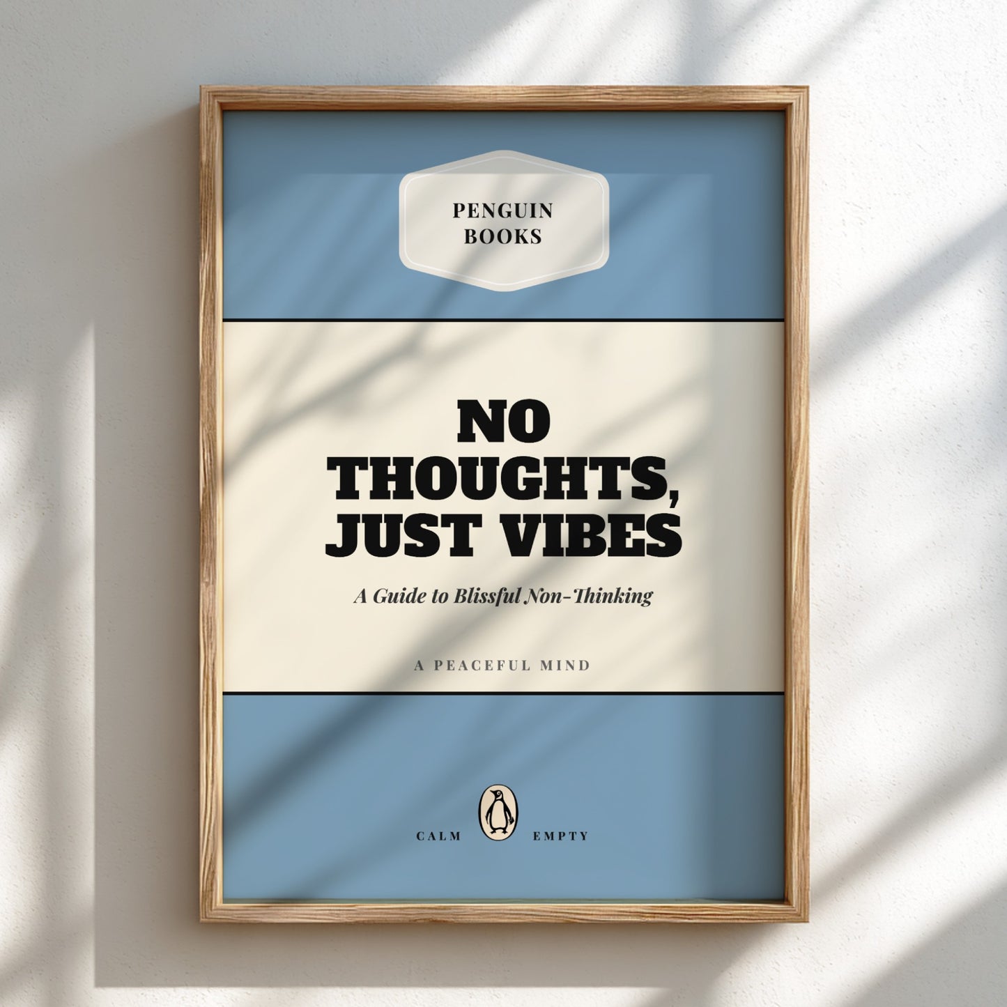 Framed poster with 'No Thoughts, Just Vibes' text on a blue and beige background