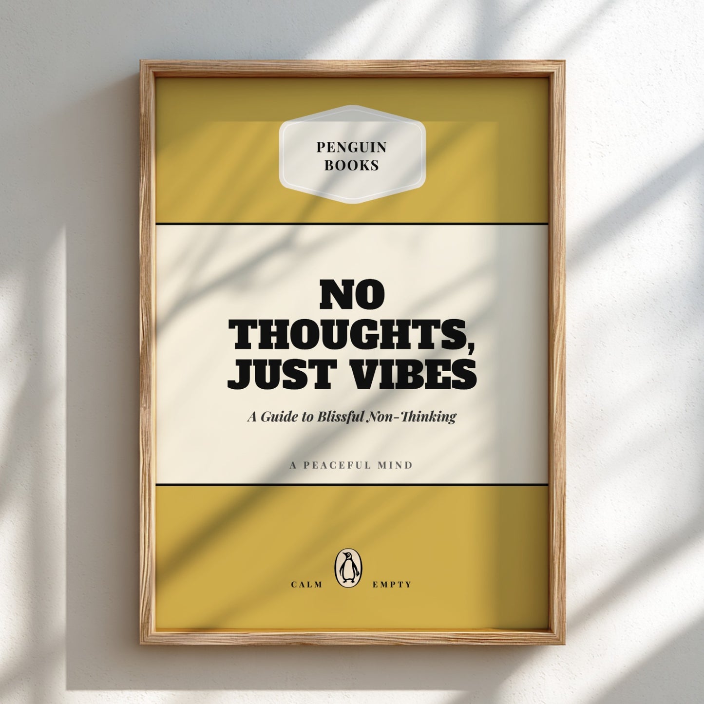 Framed book cover with 'No Thoughts, Just Vibes' text on a yellow and white background