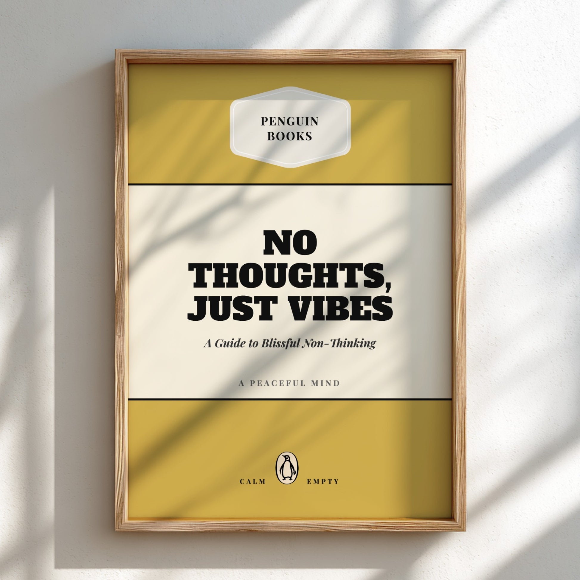 Framed book cover with 'No Thoughts, Just Vibes' text on a yellow and white background