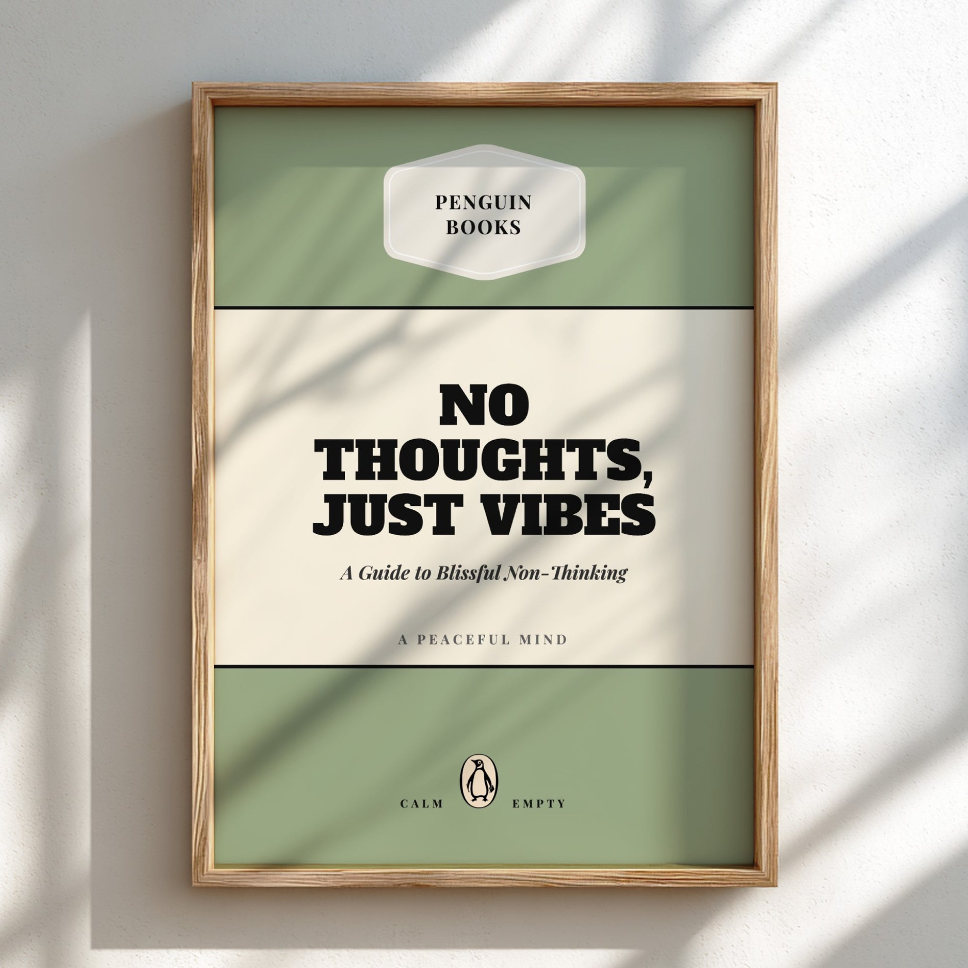 Framed book cover with 'No Thoughts, Just Vibes' text on a light background