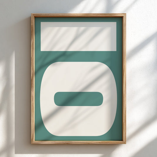 Framed abstract art piece with geometric shapes on a teal background