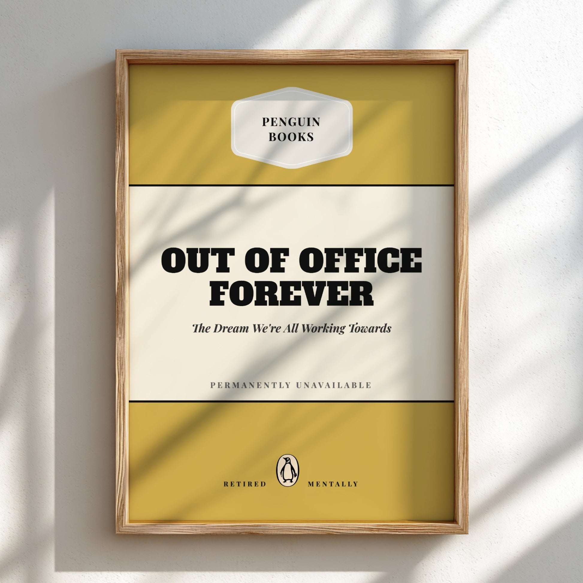Framed book cover with 'Penguin Books' branding and text 'Out of Office Forever'.