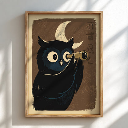 A framed art print featuring a stylized black owl with large white eyes peering through brass binoculars against a textured brown background with a cream crescent moon. The print is housed in a light natural wood frame and mounted on a white wall with soft diagonal shadows.