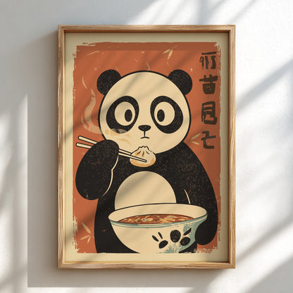 A framed art print featuring a retro-style panda eating dumplings from a bowl, mounted on a white wall with soft diagonal shadows.