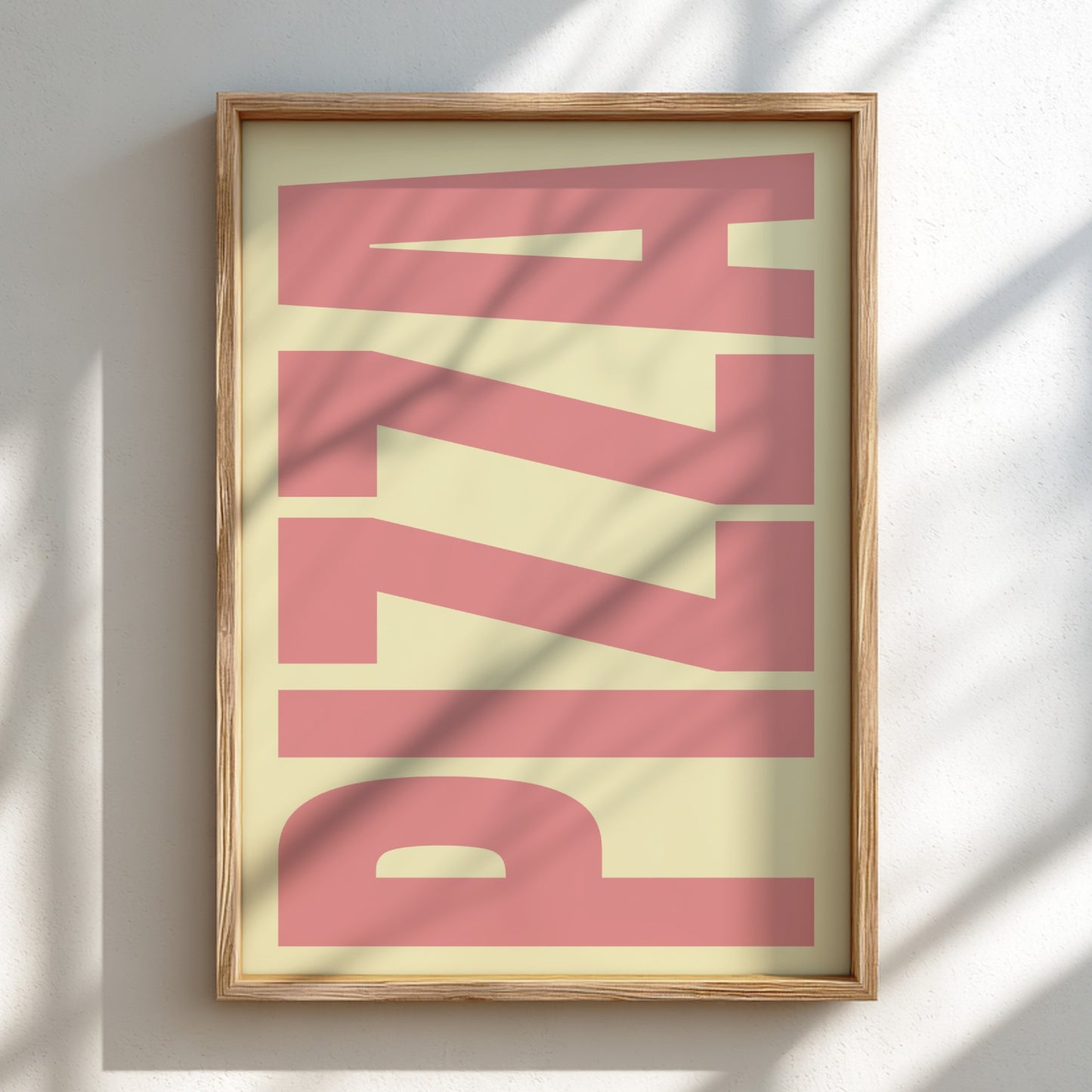 Pizza poster featuring bold typography, perfect for kitchen decor and food enthusiasts.