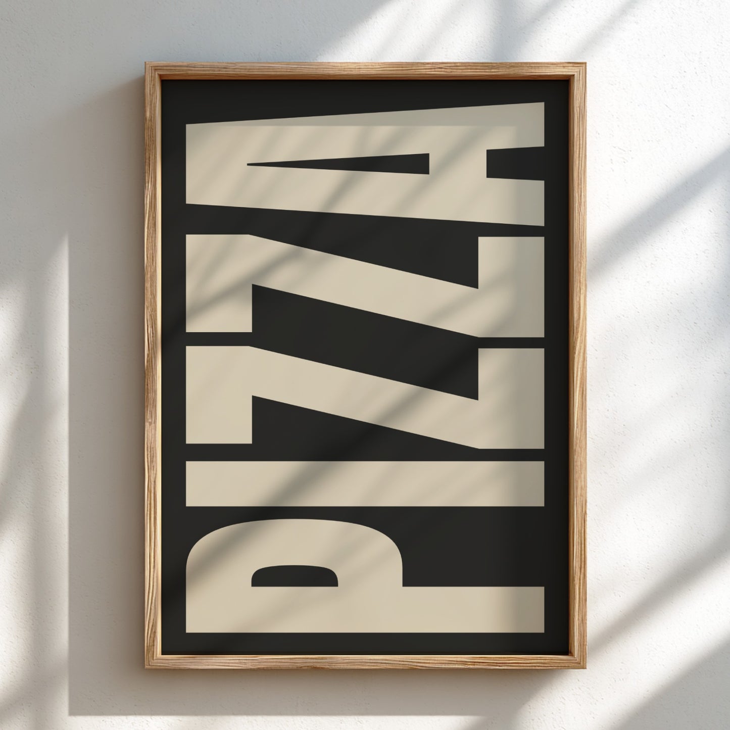 Pizza poster featuring bold typography, perfect for kitchen decor and food enthusiasts.