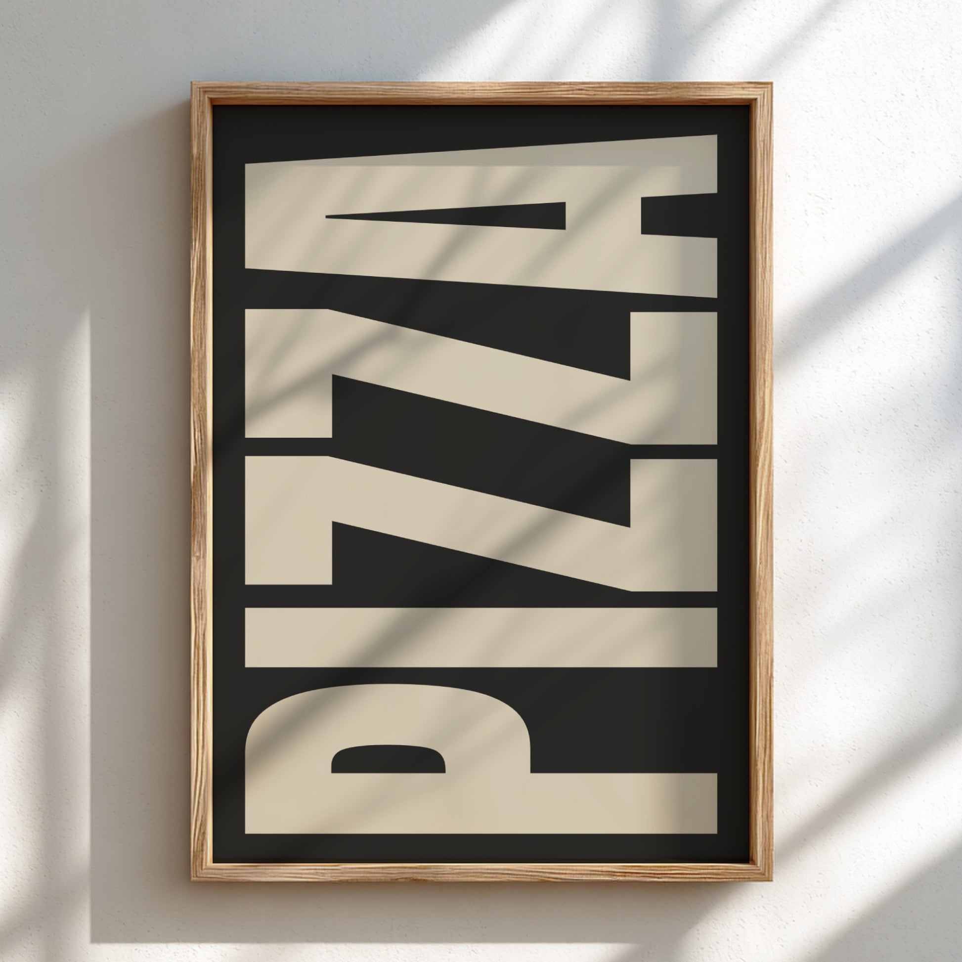 Pizza poster featuring bold typography, perfect for kitchen decor and food enthusiasts.