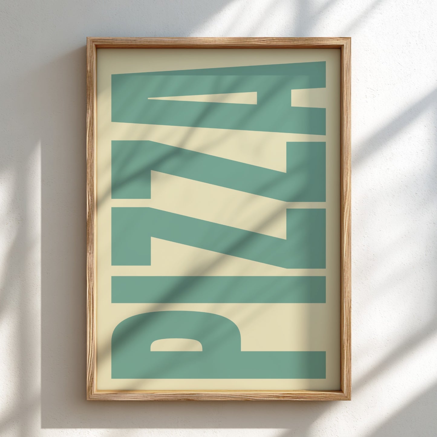 Pizza poster featuring bold typography, perfect for kitchen decor and food enthusiasts.