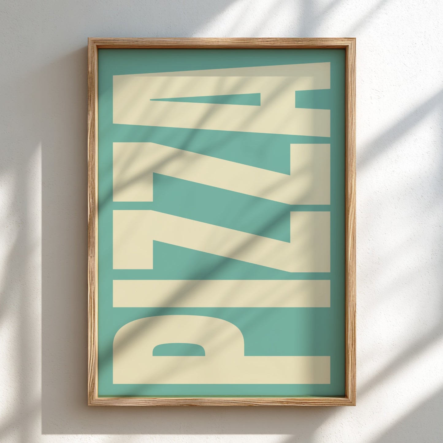 Pizza poster featuring bold typography, perfect for kitchen decor and food enthusiasts.