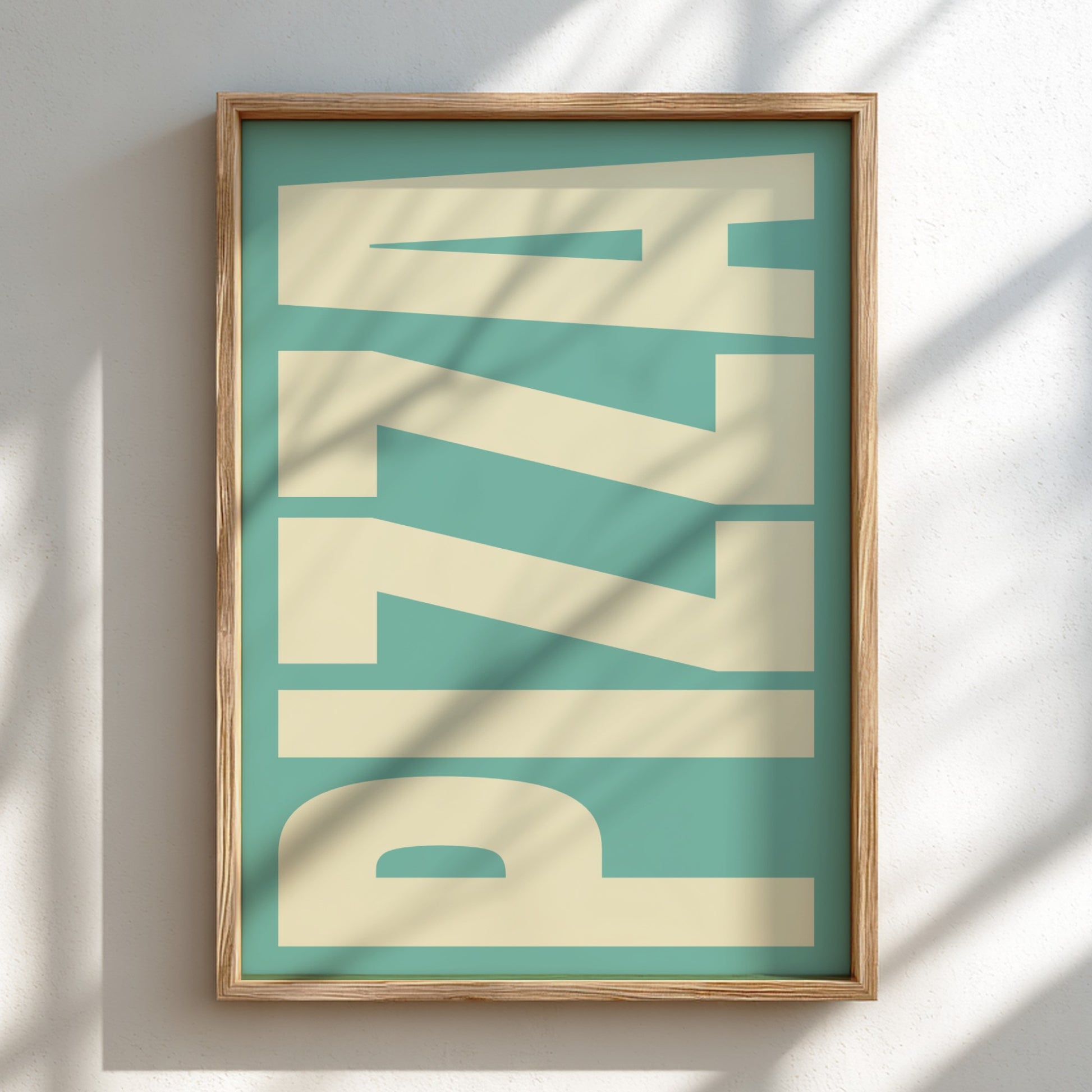 Pizza poster featuring bold typography, perfect for kitchen decor and food enthusiasts.