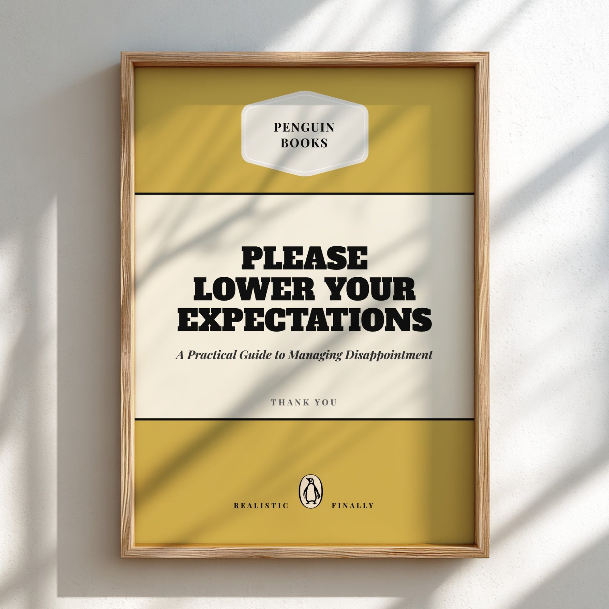 Framed book cover with 'Please Lower Your Expectations' text on a light background