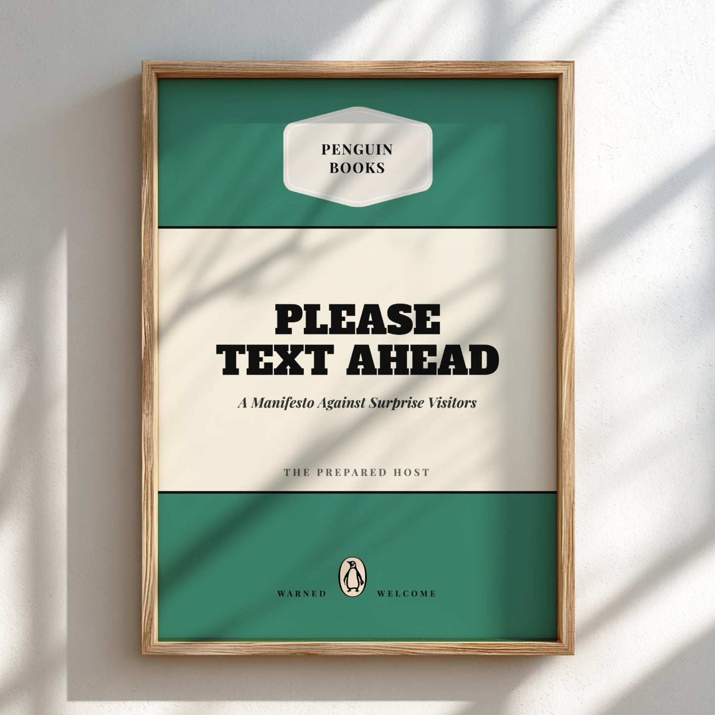 Framed poster with text 'Please Text Ahead' on a green and beige background